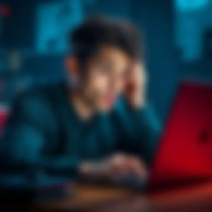 A person looking worried while browsing a forum on their laptop, showing signs of confusion about a potential ban.