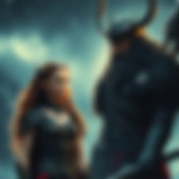 An artistic representation of Sigyn, Loki's wife, standing beside a figure resembling Loki, embodying elements from Norse mythology.