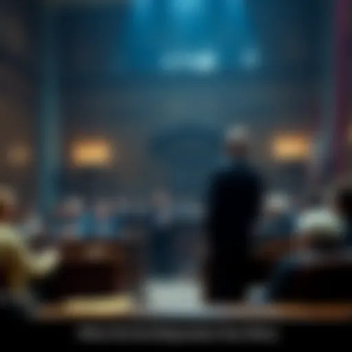 A tense courtroom scene with a lawyer making a bold statement while the jury remains silent, capturing the emotional weight of unresponsive audiences.