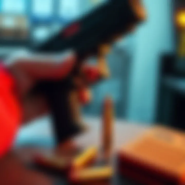 Silenced pistol with subsonic ammunition A person reloading a silenced pistol with a box of subsonic ammo nearby