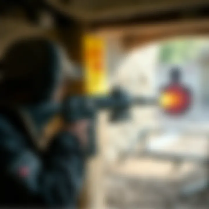 A shooter firing a weapon equipped with a silencer at a target 100 meters away, with a focus on the sound and accuracy of the shot.
