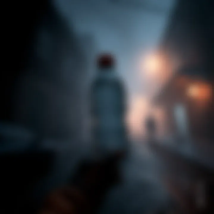 A dark and foggy street in Silent Hill 1, featuring a character holding a plastic water bottle, hinting at choices and endings.