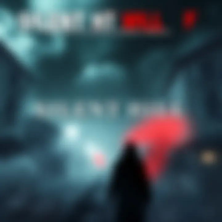 A haunted landscape with fog, eerie buildings, and a shadowy figure representing Japanese horror themes in Silent Hill F.