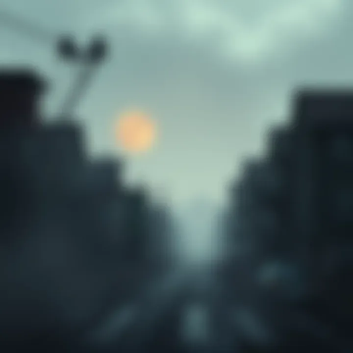 Silent Hill Town Overview A desolate view of Silent Hill, featuring fog-covered streets and abandoned buildings, reflecting the psychological themes of the game.