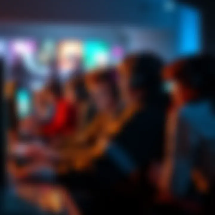 A group of gamers sitting quietly at their computers, focused on their screens, with a few vocal players chatting animatedly in the background.