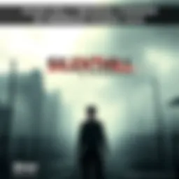 Concept art showing an eerie town with fog and shadows, featuring a character resembling Harry standing in the foreground, looking concerned.