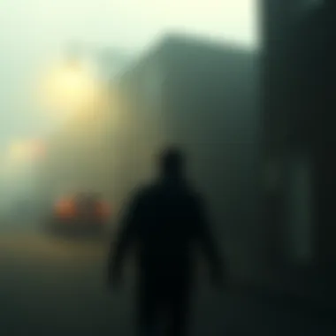 A foggy street scene from Silent Hill 2 with a character exploring the eerie environment