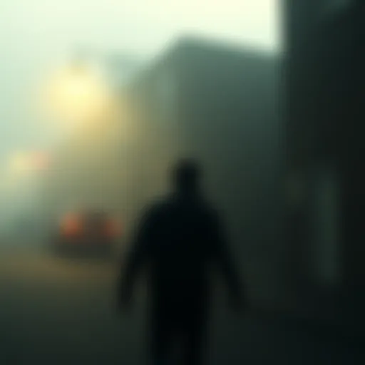 A foggy street scene from Silent Hill 2 with a character exploring the eerie environment