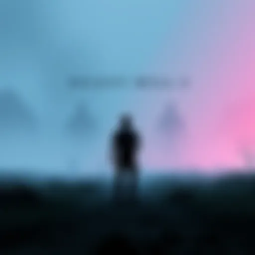 A character standing alone in a foggy landscape with haunting silhouettes in the background