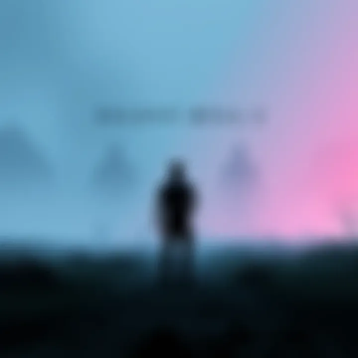 A character standing alone in a foggy landscape with haunting silhouettes in the background