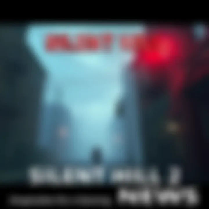 A tense moment in Silent Hill 2 showing a character in a foggy street, surrounded by eerie buildings and a chilling atmosphere.