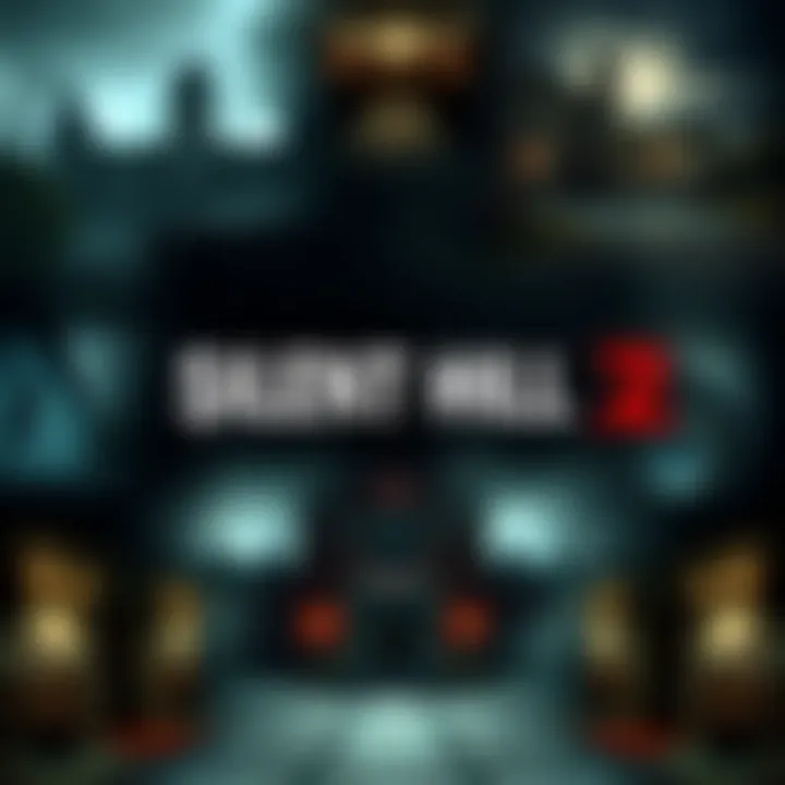 A collage of various locations from Silent Hill 2 remake including Brookhaven Hospital and Lakeview Hotel, showcasing the eerie atmosphere and visual style of the game.