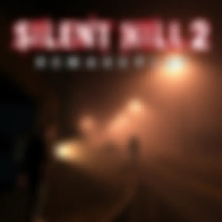A scene from the Silent Hill 2 remake showing a haunted foggy street with eerie lighting and a character holding a flashlight, emphasizing the game's atmosphere.