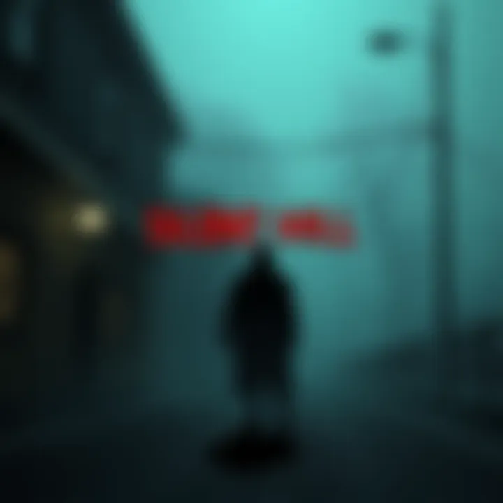 A foggy street in Silent Hill with a shadowy figure standing alone, creating a haunting atmosphere.