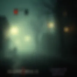 A dark and foggy street with eerie lighting, showcasing a haunted atmosphere that hints at the game's horror elements