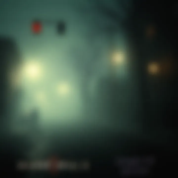 A dark and foggy street with eerie lighting, showcasing a haunted atmosphere that hints at the game's horror elements