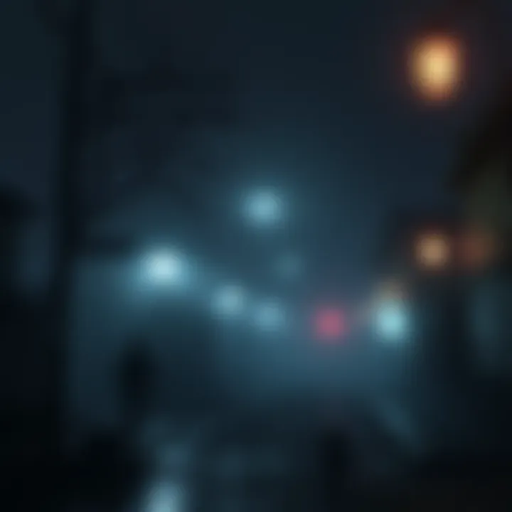 A dark, foggy street scene from Silent Hill with eerie lighting and haunting visuals