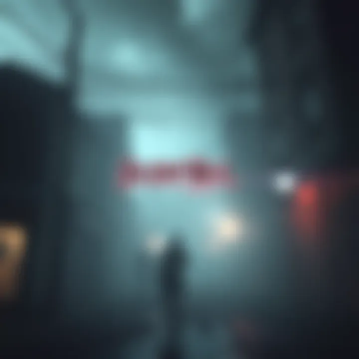 Concept art featuring eerie foggy streets with haunting figures, representing the atmosphere of Silent Hill.