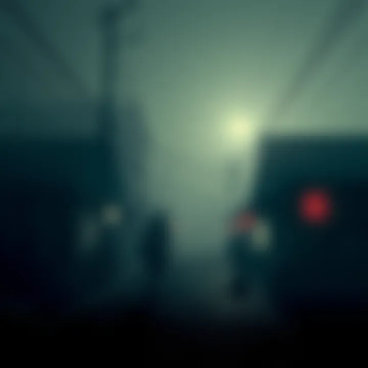 A dark and foggy street in Japan, hinting at the eerie atmosphere of Silent Hill F, with shadowy figures in the background.