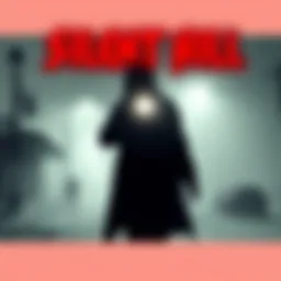 Artwork depicting a foggy street scene from Silent Hill, featuring a shadowy figure reminiscent of Heather holding a flashlight