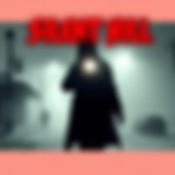 Artwork depicting a foggy street scene from Silent Hill, featuring a shadowy figure reminiscent of Heather holding a flashlight