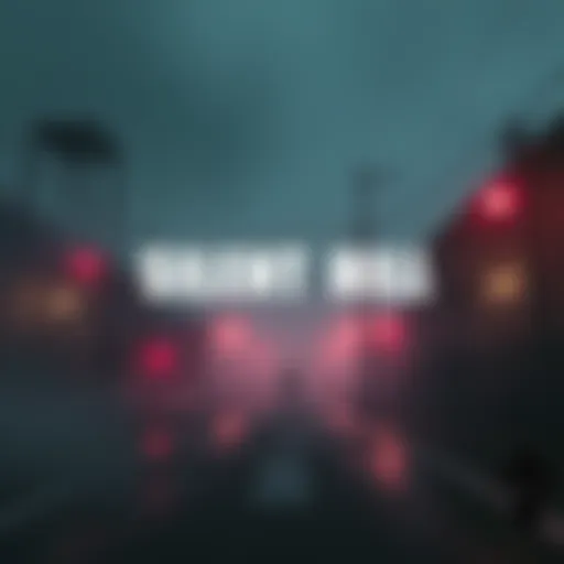 A foggy street in Silent Hill with a lone figure walking, surrounded by eerie buildings and a haunting atmosphere