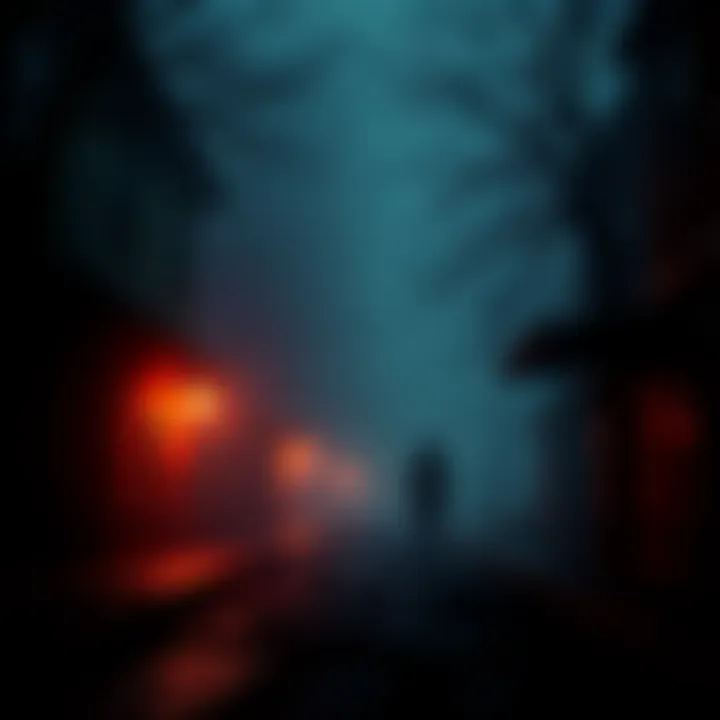 A dark and foggy street in Silent Hill with a figure resembling Freddy Kruger watching from the shadows.