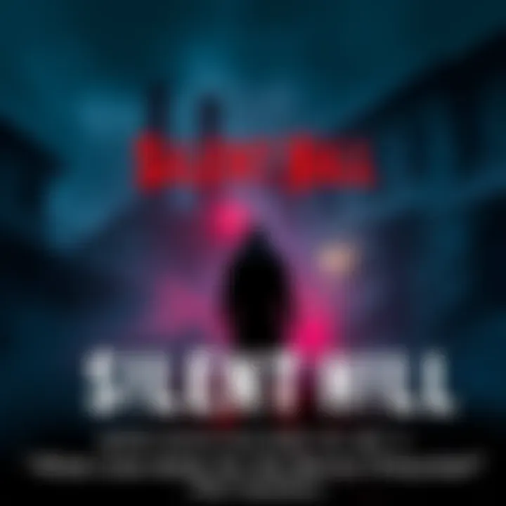 A dark and foggy scene from Silent Hill featuring eerie buildings and a shadowy figure walking ahead.