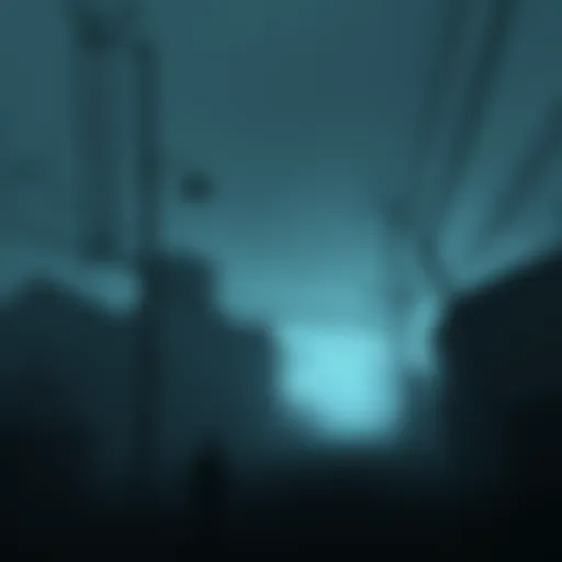 A dark, foggy street scene from Silent Hill, with eerie buildings and a haunting atmosphere