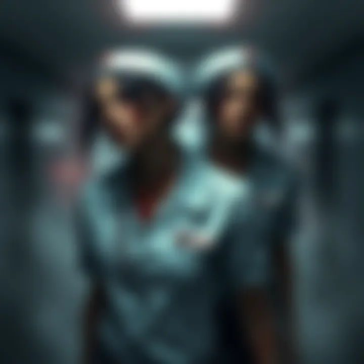 An identical nurse character from Silent Hill series, showcasing eerie features with a distressed expression and a bloodied uniform, standing in a foggy hospital setting.