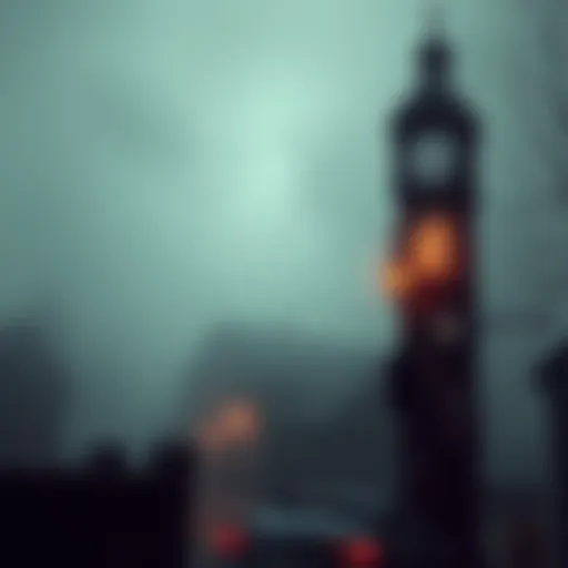 A nostalgic scene showing a foggy town environment, with an old clock tower symbolizing the passage of time and hinting at the theme of aging.