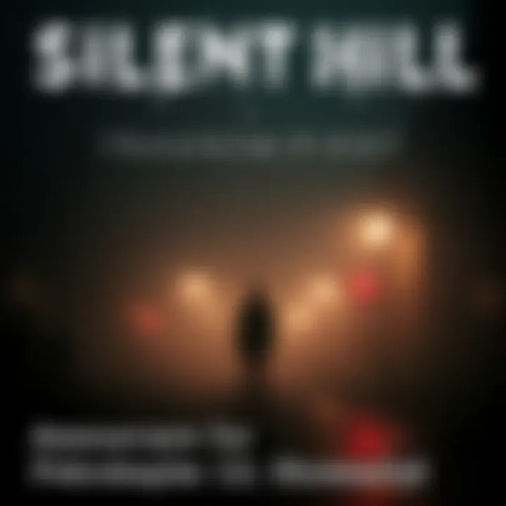 A promotional image for Silent Hill Transmission featuring dark, foggy streets of the town with eerie lighting and a silhouette of a person standing in the background.