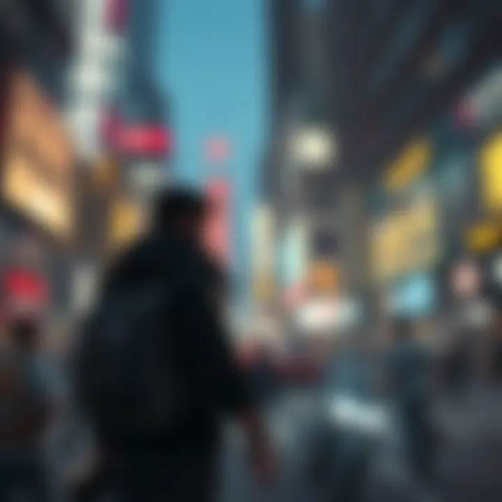 Silent Protagonist in Action A character in a video game standing silently in a busy city, surrounded by other characters talking, highlighting the contrast between silence and voice acting.