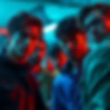 A group of silent residents looks cautiously at a nearby threat, showcasing tension in their expressions and body language.