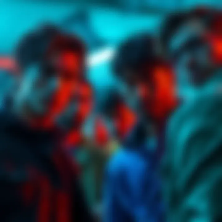 A group of silent residents looks cautiously at a nearby threat, showcasing tension in their expressions and body language.