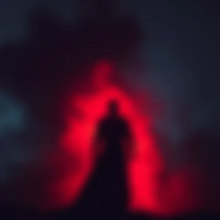 A shadowy figure stands alone, surrounded by dark mist, symbolizing inherent evil and malevolence.