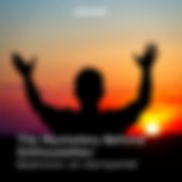 A dark outline of a person standing with arms raised against a colorful sunset sky