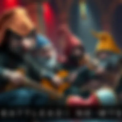 A group of comically dressed bards with goofy expressions playing quirky instruments in a fantasy setting