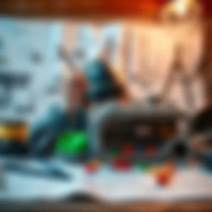 A person testing a quirky build made of unconventional materials, surrounded by tools and blueprints.