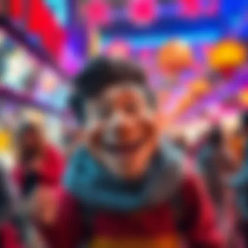 A cheerful character known as the 'silly lil' guy' with a big smile and playful expression, catching people's attention in a vibrant setting.