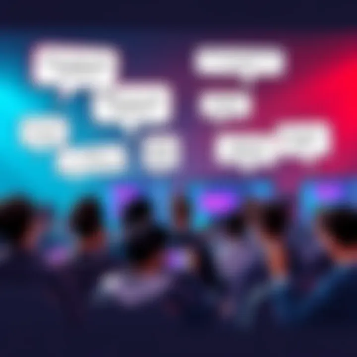 A lively discussion among people with speech bubbles showing random silly questions, with a backdrop of Dota 2 elements