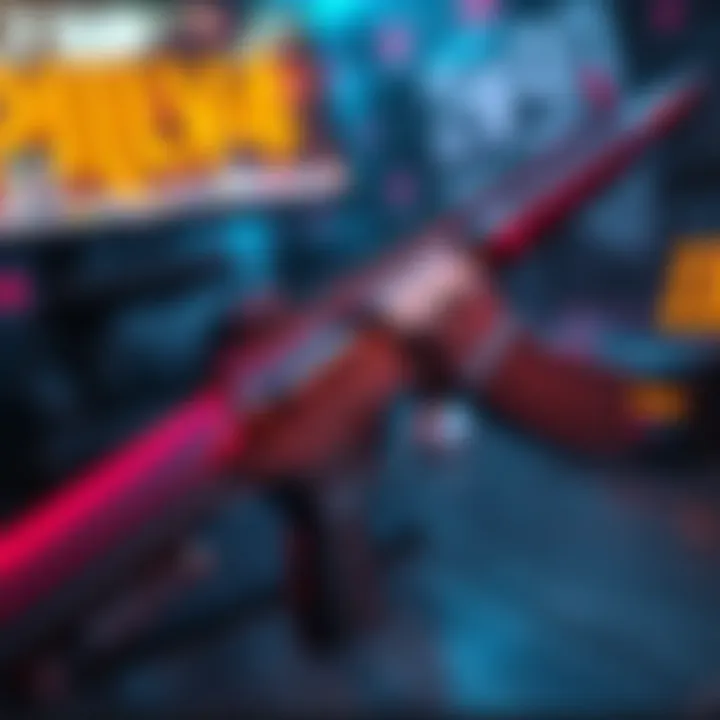 A close-up view of the Silver Guru M416 firearm with a sleek design, showcasing its unique features and colors, placed against a gaming backdrop.
