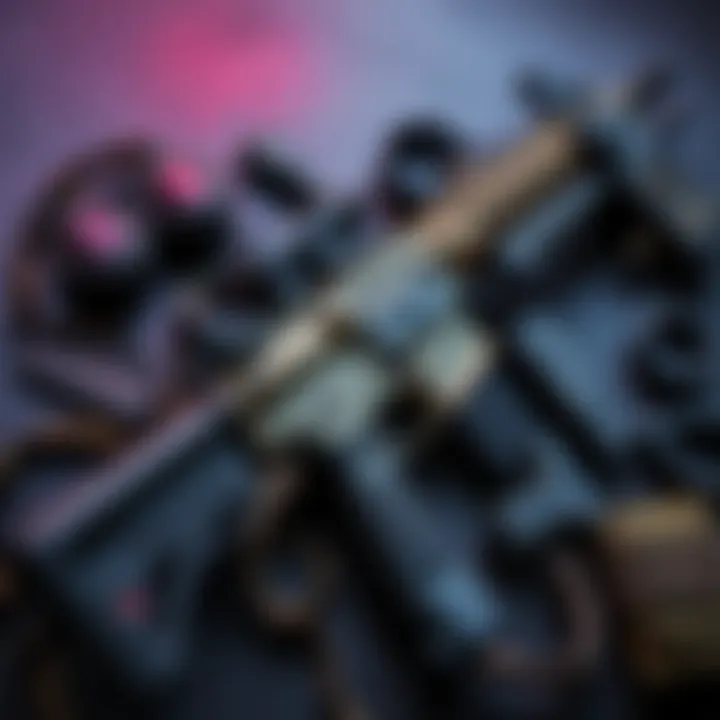 A detailed view of the Silver Stake Tactical Assault Rifle showcasing its design and features, surrounded by tactical gear.