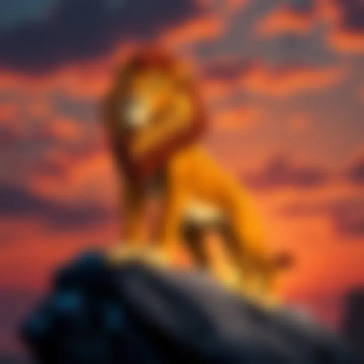 Simba the Lion Simba stands proudly on a rock with a sunset in the background, symbolizing leadership and bravery.