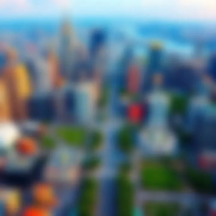 A vibrant skyline of a large city in SimCity 4 with tall buildings, parks, and busy streets.