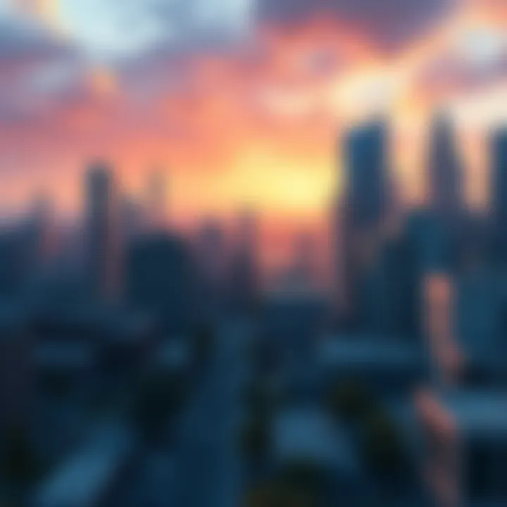 A broken city skyline representing the downfall of SimCity, with empty streets and abandoned buildings.