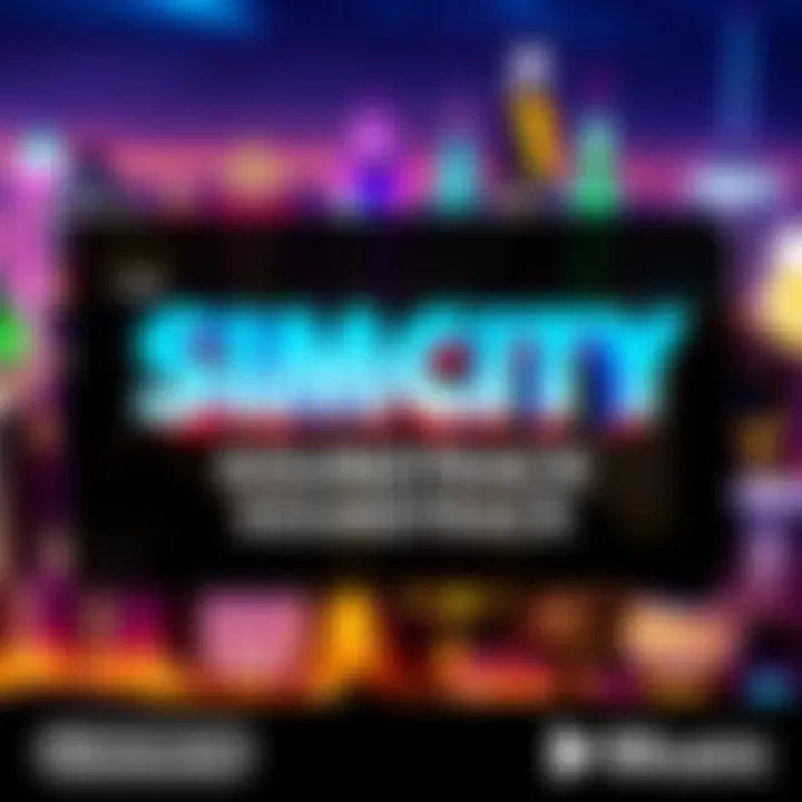 A digital cover featuring the SimCity logo with colorful city skyline in the background, highlighting the new soundtrack release on Nintendo Music.