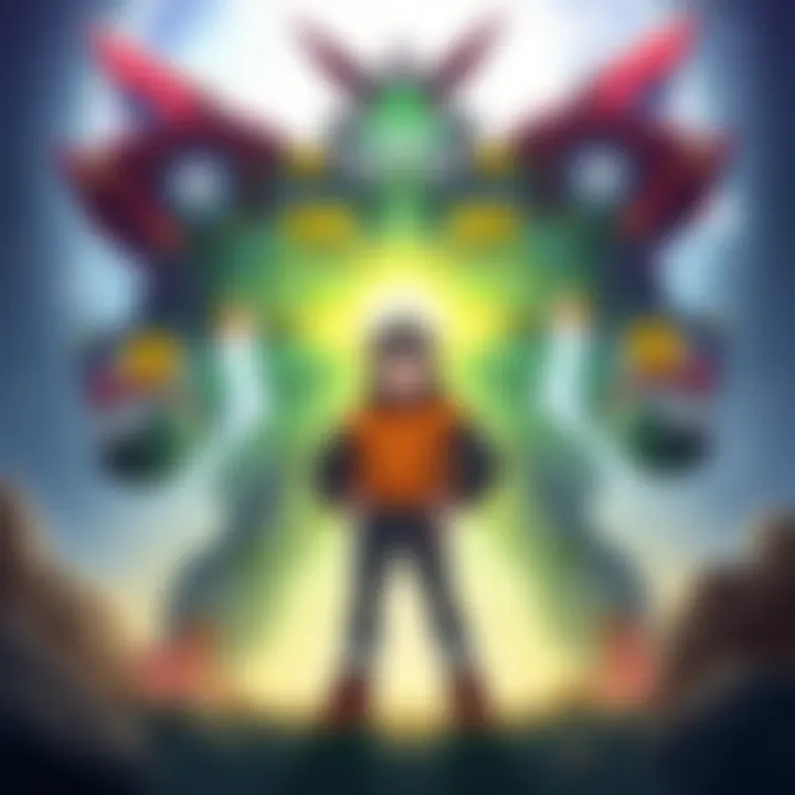 Simon stands confidently in front of the giant Super Tengen Toppa Gurren Lagann, a massive robot with a shining core, ready for battle against a cosmic backdrop.