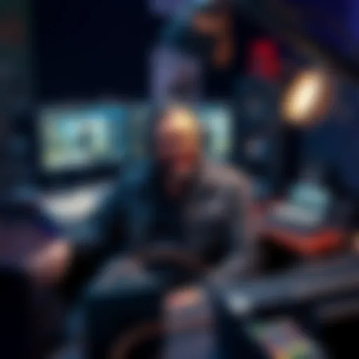 Voice actor Simon Arish in a recording studio, portraying Wulfric from Xenoblade Chronicles 2, surrounded by gaming memorabilia.