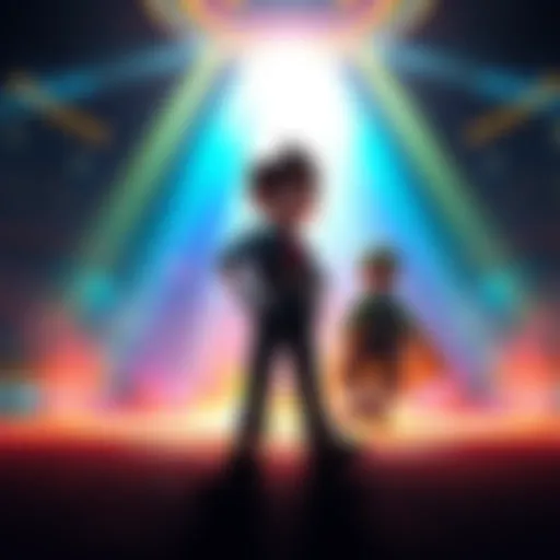 Simon standing confidently in a vibrant arena, with Luigi's silhouette fading in the background, capturing the emotional moment of loss and new beginnings in the game.